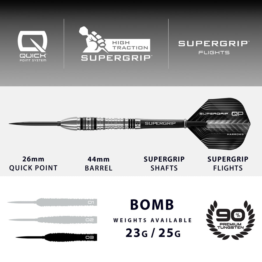 Harrows Supergrip Bomb 90% Tungsten QP Steel Tip Darts