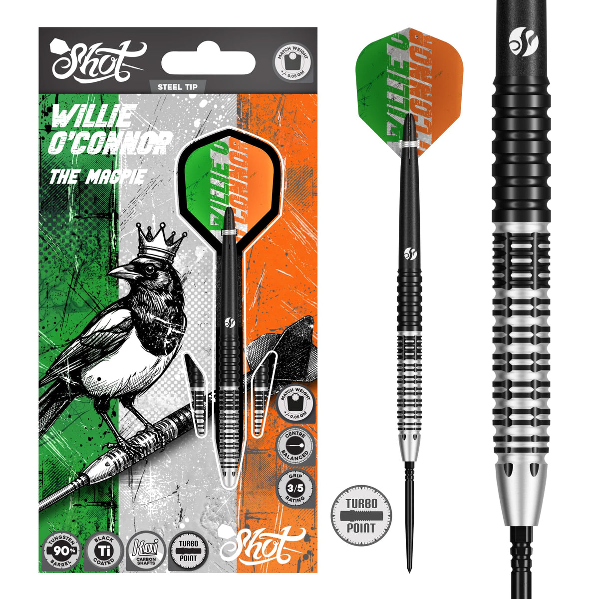 Shot Pro Series Willie O'Connor Magpie Steel Tip Dart Set-90% Tungsten Barrels